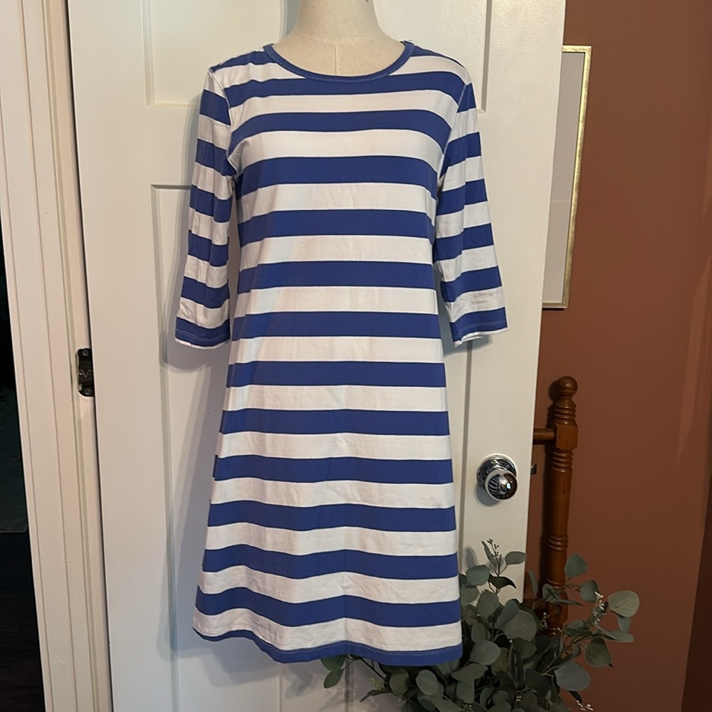 Tyler Boe Alexa white/corsican blue striped 3/4 sleeves cotton blend M dress - Picture 2 of 14